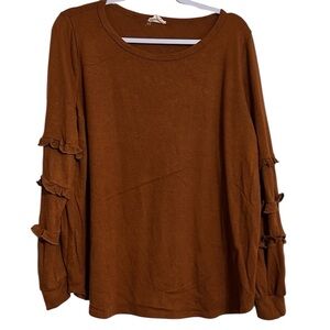 BIBI Womens Rust Long Ruffle Sleeve Pull Over Tunic Lightweight Sweater